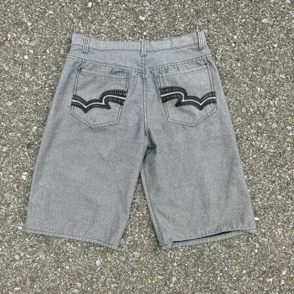 Vintage Jean Shorts Mens 36 Grey Embroidered Hip Hop Y2K
 with Black Stitching